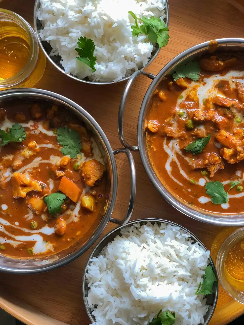 Chickpea curry served in a bowl with rice